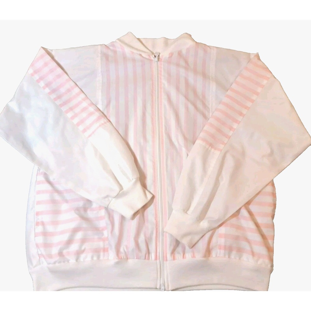 Vtg Goola Gong Jacket Pink White Striped Women's Large Full Zip 80s 90s Preppy